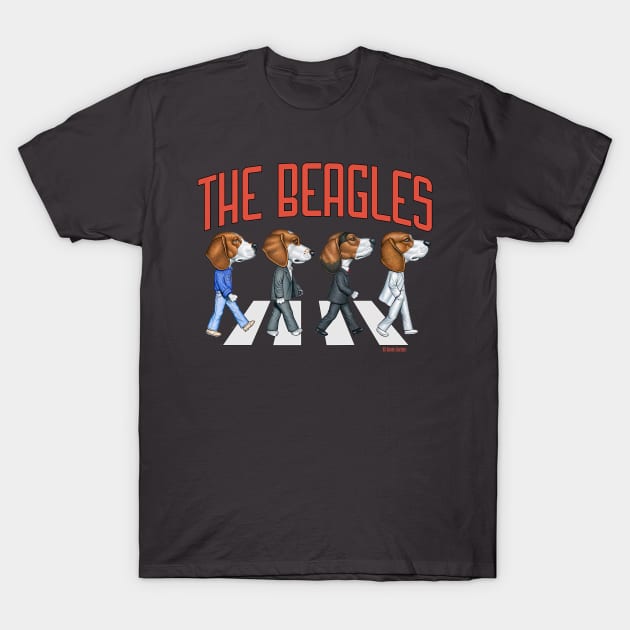 Retro classic street with Beagle Dogs crossing famous street on The Beagles T-Shirt by Danny Gordon Art